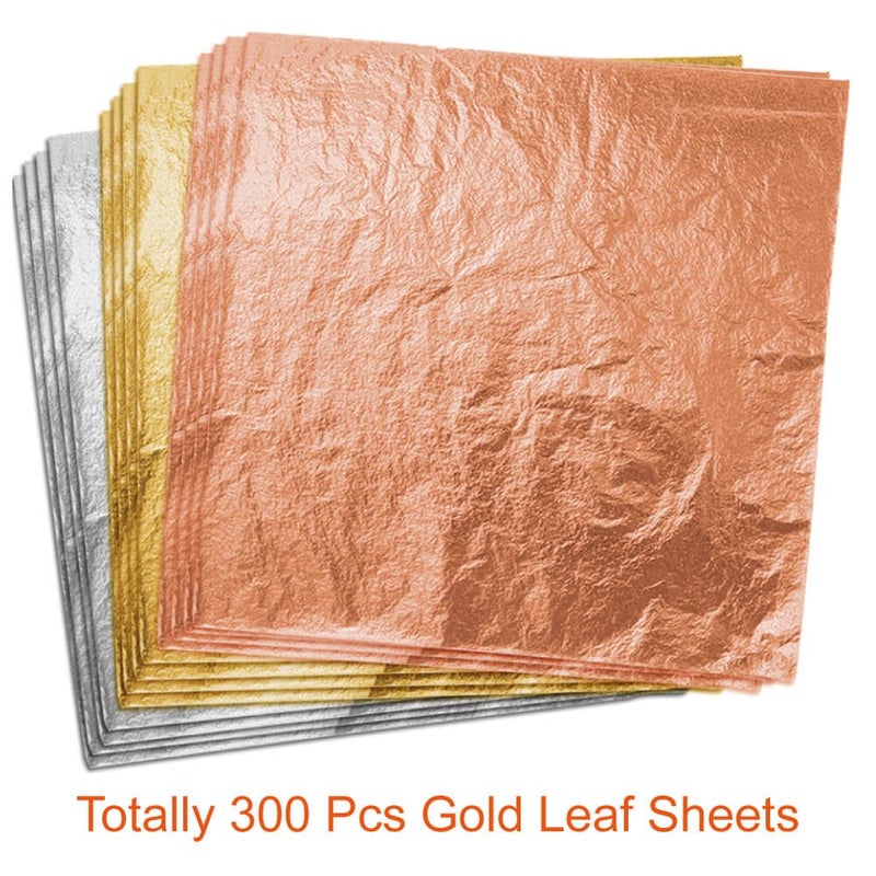 Paxcoo 300 Gold Leaf Sheets for Resin, Gold Foil Flakes Metallic Leaf for Resin Jewelry Making, Nail Art, Slime, and Gilding Crafts (Gold, Silver, Rose Gold Color 5.5 by 5.5 Inches) - Image 2